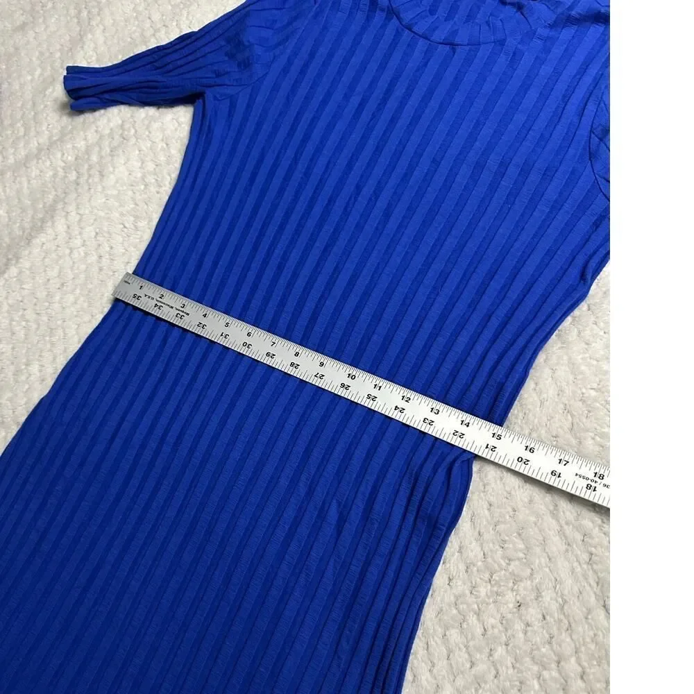 Eileen Fisher High-Low Dress Women's Large Blue Wide Rib Stretch Mock Neck